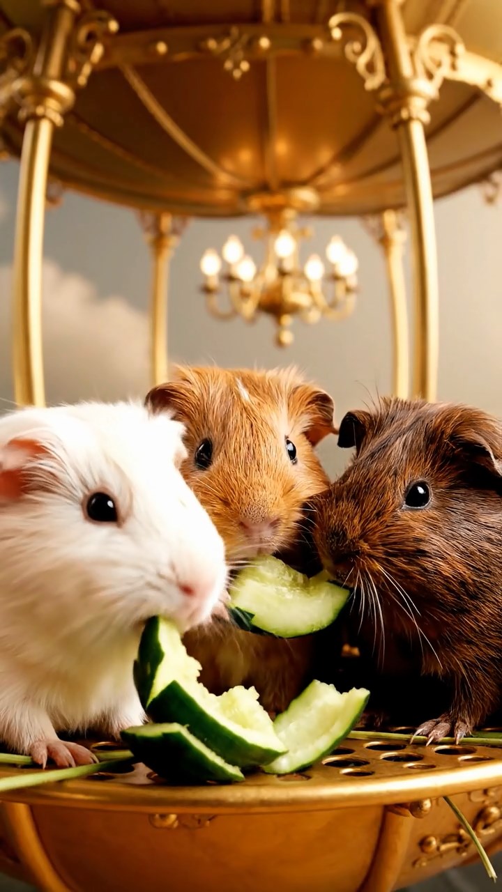 1233. Photorealistic image of 4 smooth-haired Peruvian guinea pigs featuring cream, fawn, and chocolate coats, sharing cucumber peels, inside a brass-laden zeppelin airship gondola.