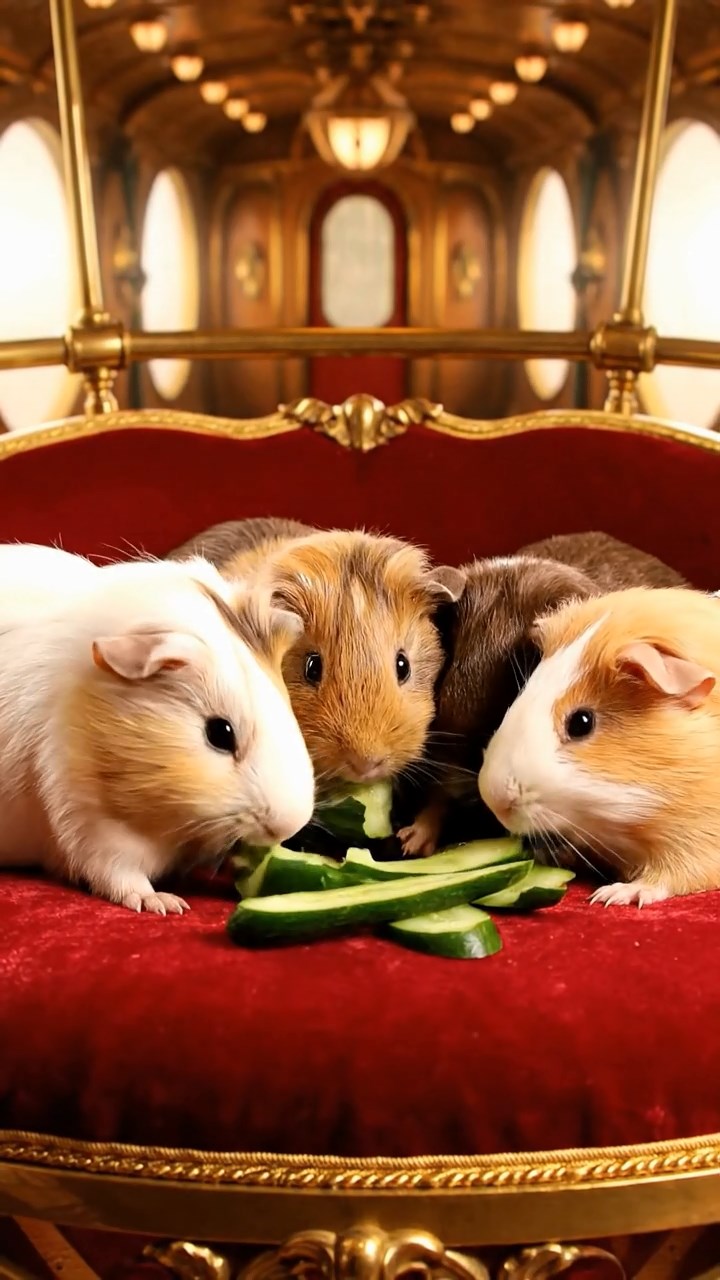1233. Photorealistic image of 4 smooth-haired Peruvian guinea pigs featuring cream, fawn, and chocolate coats, sharing cucumber peels, inside a brass-laden zeppelin airship gondola.