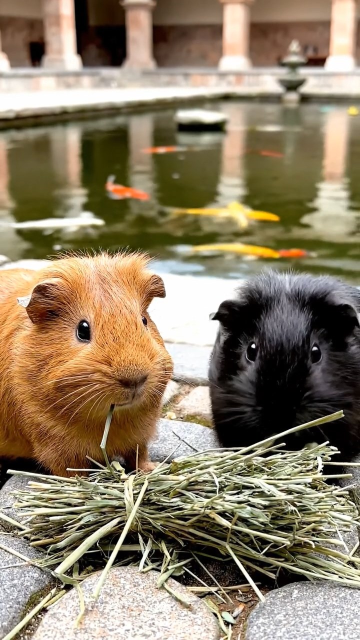 1234. Realistic depiction of 2 smooth-haired Silkie guinea pigs with cinnamon and sable fur, eating timothy hay bundles, in a peaceful monastery courtyard with koi ponds.