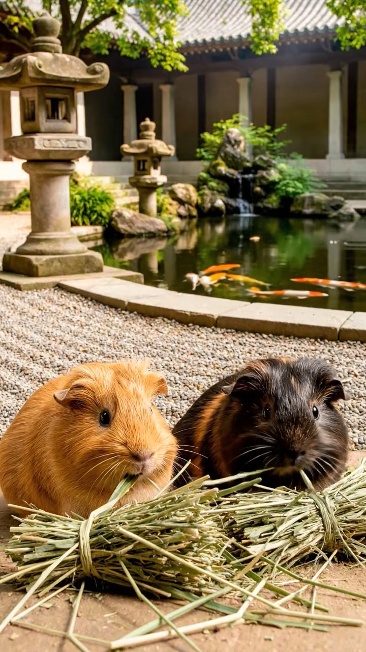 1234. Realistic depiction of 2 smooth-haired Silkie guinea pigs with cinnamon and sable fur, eating timothy hay bundles, in a peaceful monastery courtyard with koi ponds.