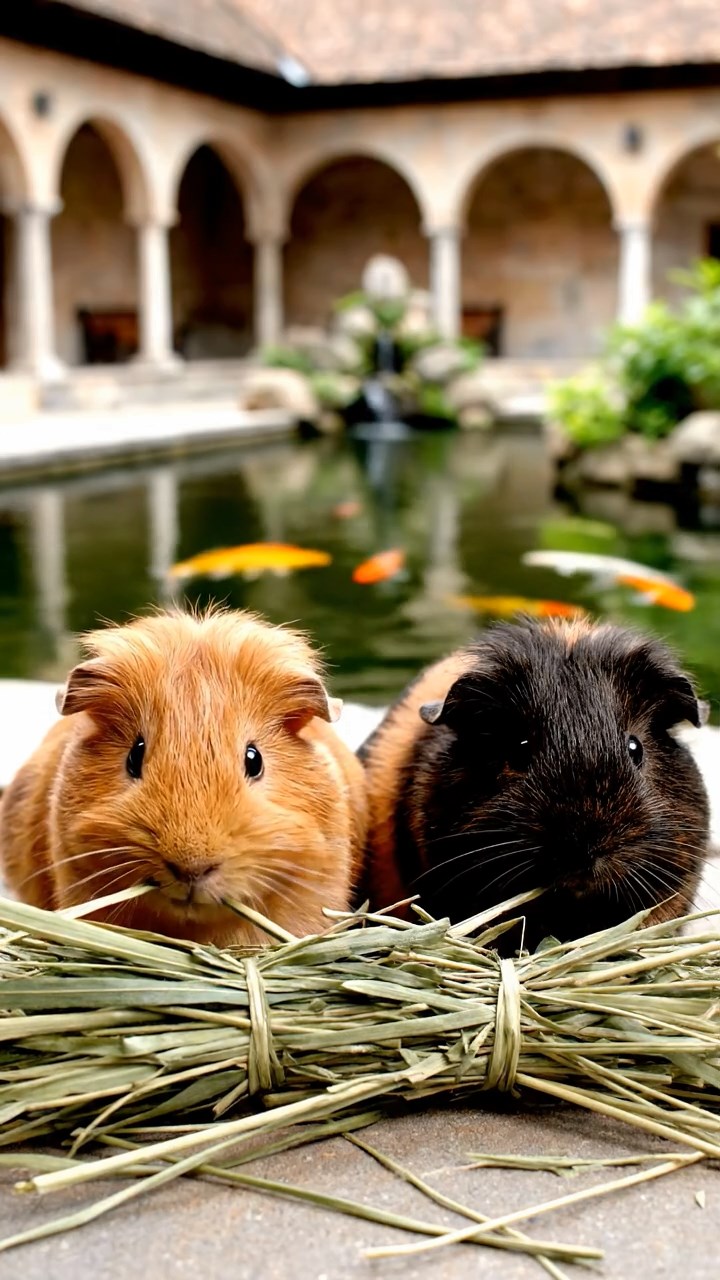 1234. Realistic depiction of 2 smooth-haired Silkie guinea pigs with cinnamon and sable fur, eating timothy hay bundles, in a peaceful monastery courtyard with koi ponds.