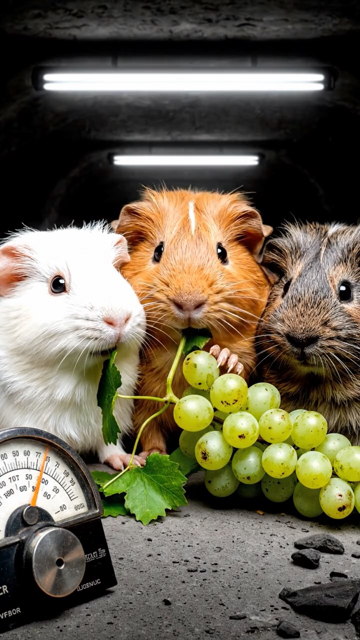 1235. Detailed scene of 3 smooth-haired Teddy guinea pigs with white, orange, and gray fur, nibbling on grape vines, in a irradiated fallout shelter with Geiger counters clicking.