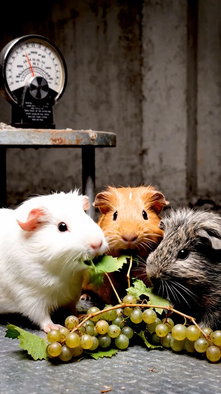 1235. Detailed scene of 3 smooth-haired Teddy guinea pigs with white, orange, and gray fur, nibbling on grape vines, in a irradiated fallout shelter with Geiger counters clicking.