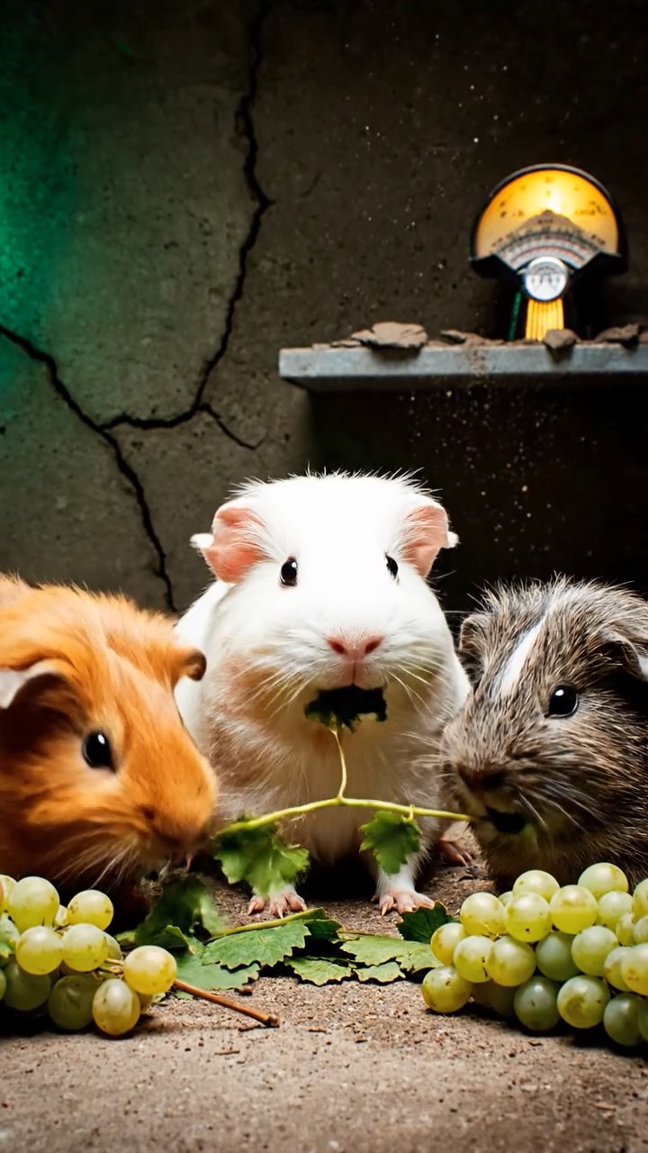 1235. Detailed scene of 3 smooth-haired Teddy guinea pigs with white, orange, and gray fur, nibbling on grape vines, in a irradiated fallout shelter with Geiger counters clicking.