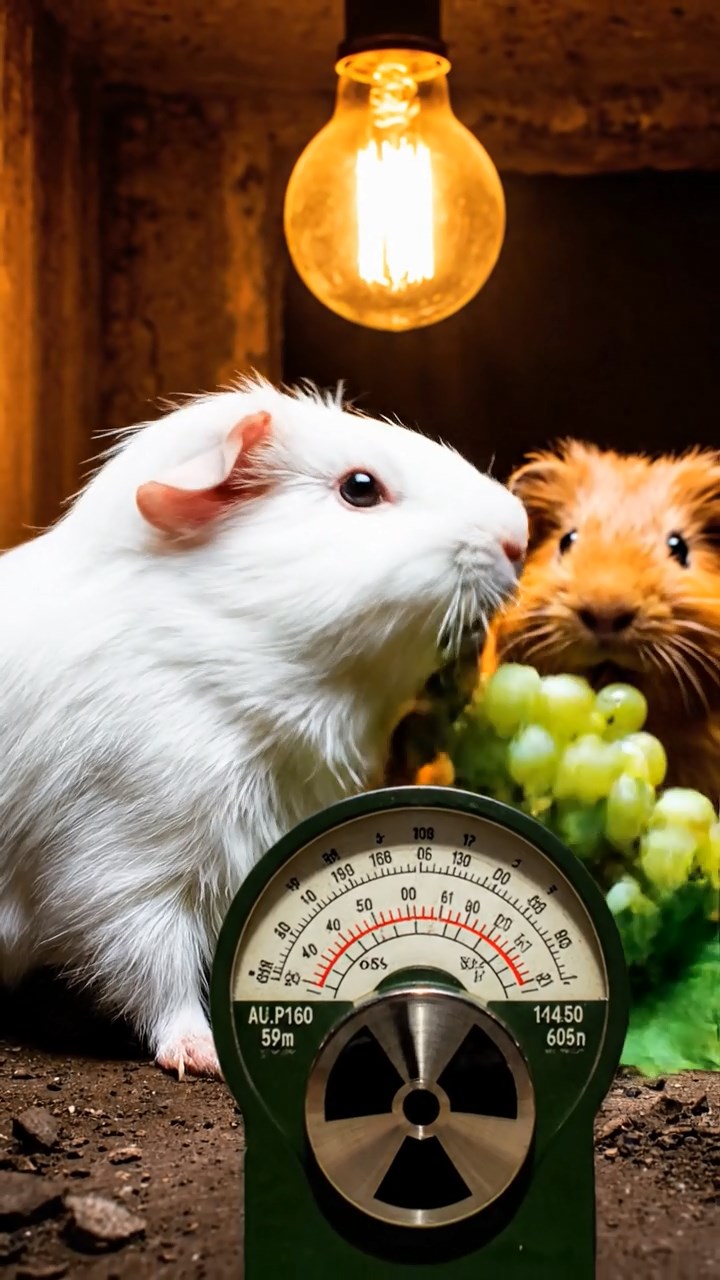 1235. Detailed scene of 3 smooth-haired Teddy guinea pigs with white, orange, and gray fur, nibbling on grape vines, in a irradiated fallout shelter with Geiger counters clicking.