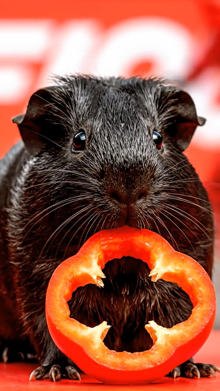 1236. Photorealistic photo of 1 smooth-haired Texel guinea pig with black fur, chewing on bell pepper rings, at a Monaco Grand Prix pit stop with Ferrari cars.