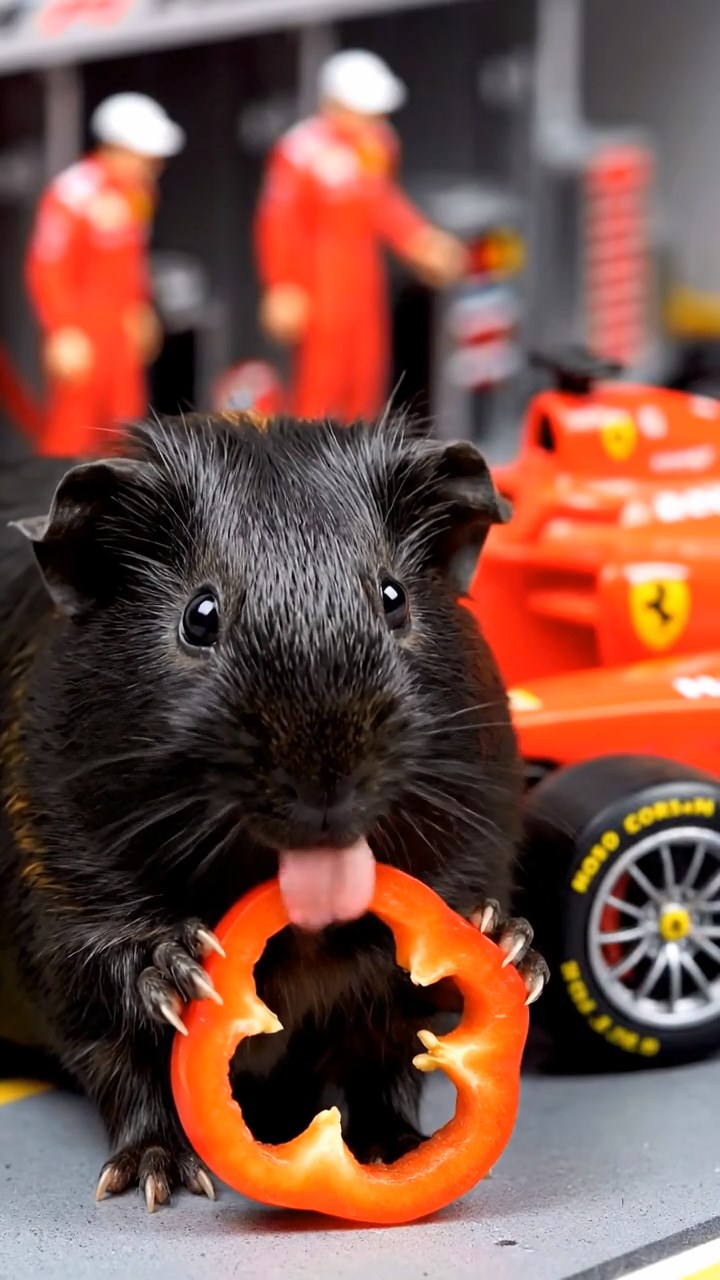 1236. Photorealistic photo of 1 smooth-haired Texel guinea pig with black fur, chewing on bell pepper rings, at a Monaco Grand Prix pit stop with Ferrari cars.
