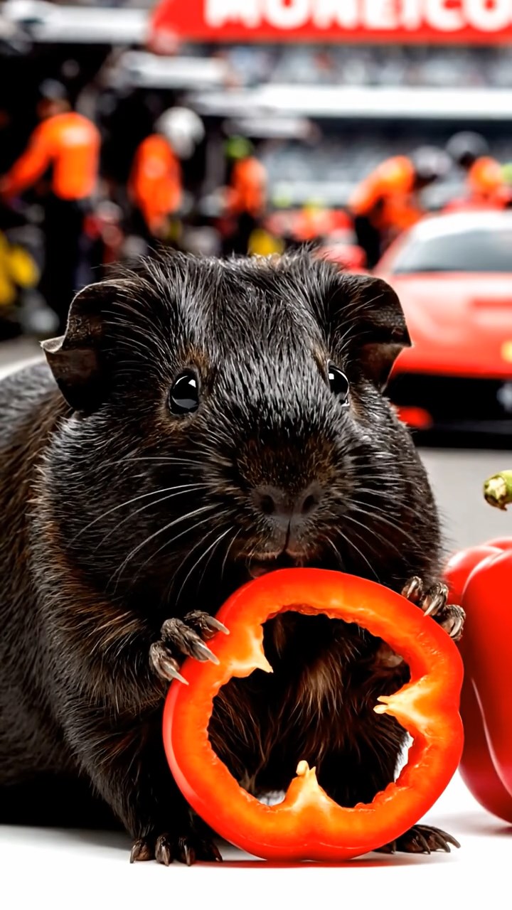 1236. Photorealistic photo of 1 smooth-haired Texel guinea pig with black fur, chewing on bell pepper rings, at a Monaco Grand Prix pit stop with Ferrari cars.