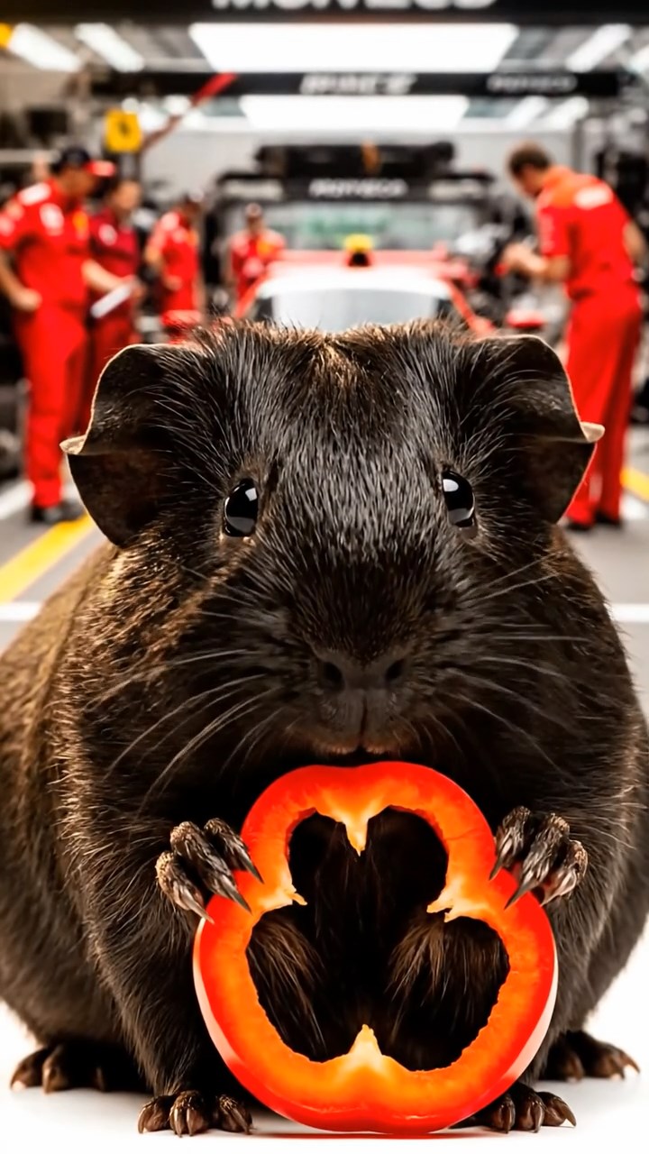 1236. Photorealistic photo of 1 smooth-haired Texel guinea pig with black fur, chewing on bell pepper rings, at a Monaco Grand Prix pit stop with Ferrari cars.
