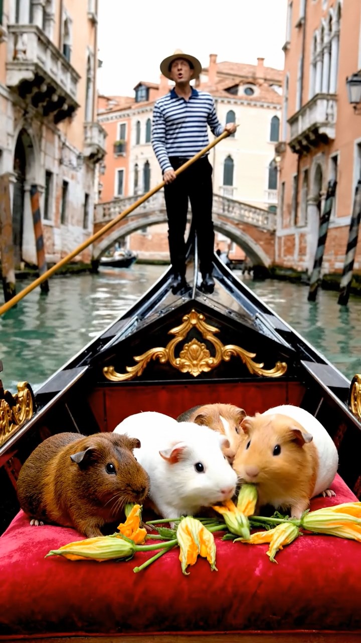 1237. Realistic image of 5 smooth-haired Rex guinea pigs in brown, cream, and fawn colors, munching on zucchini flowers, on a Venetian canal gondola with singing gondoliers.
