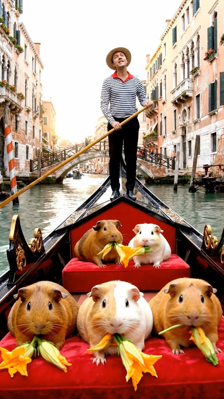 1237. Realistic image of 5 smooth-haired Rex guinea pigs in brown, cream, and fawn colors, munching on zucchini flowers, on a Venetian canal gondola with singing gondoliers.
