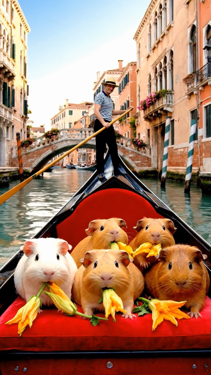 1237. Realistic image of 5 smooth-haired Rex guinea pigs in brown, cream, and fawn colors, munching on zucchini flowers, on a Venetian canal gondola with singing gondoliers.