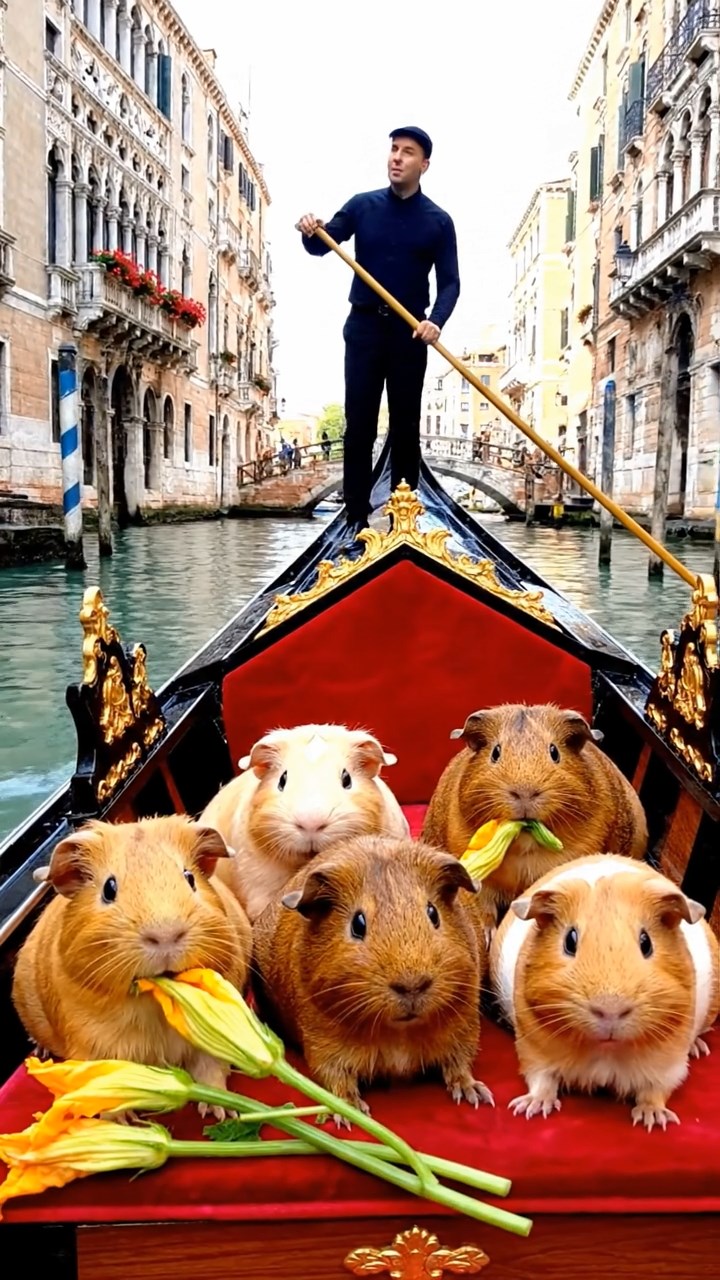 1237. Realistic image of 5 smooth-haired Rex guinea pigs in brown, cream, and fawn colors, munching on zucchini flowers, on a Venetian canal gondola with singing gondoliers.