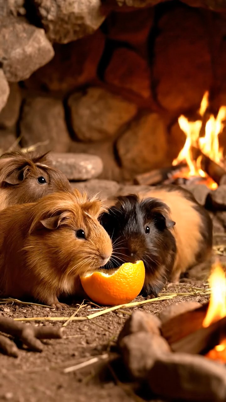 1238. Highly detailed view of 4 smooth-haired Coronet guinea pigs with chocolate, cinnamon, and sable fur, sharing orange peels, in a Neanderthal cave dwelling with fire pits.