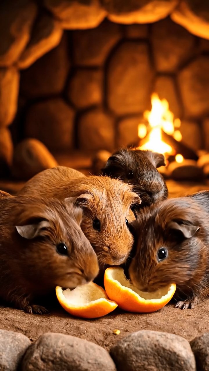 1238. Highly detailed view of 4 smooth-haired Coronet guinea pigs with chocolate, cinnamon, and sable fur, sharing orange peels, in a Neanderthal cave dwelling with fire pits.
