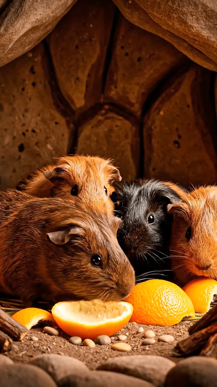 1238. Highly detailed view of 4 smooth-haired Coronet guinea pigs with chocolate, cinnamon, and sable fur, sharing orange peels, in a Neanderthal cave dwelling with fire pits.