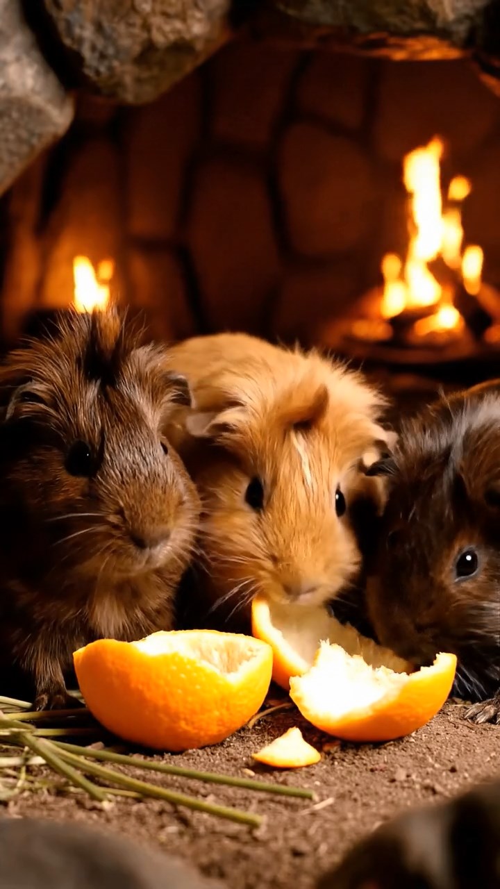 1238. Highly detailed view of 4 smooth-haired Coronet guinea pigs with chocolate, cinnamon, and sable fur, sharing orange peels, in a Neanderthal cave dwelling with fire pits.