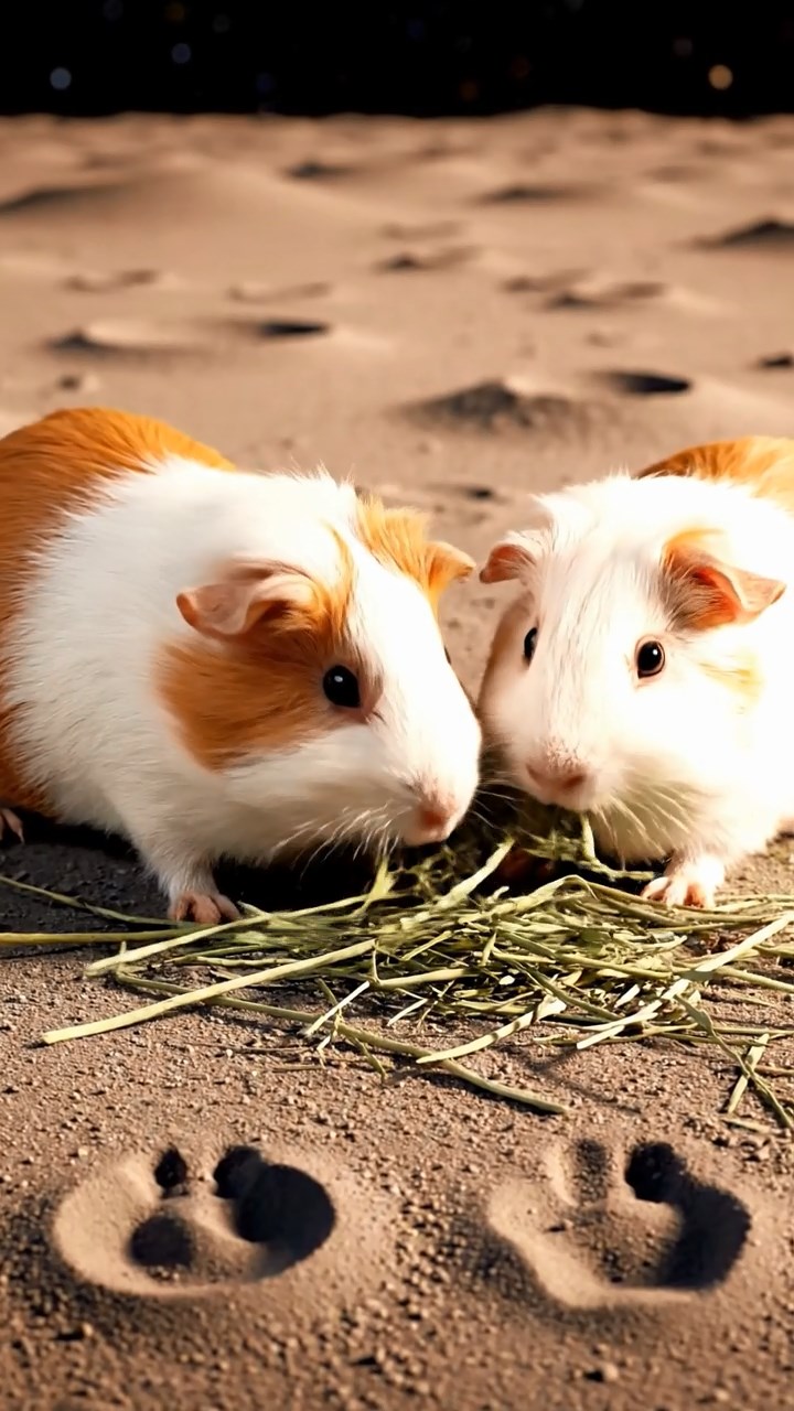 1239. Photorealistic scene of 2 smooth-haired White Crested guinea pigs featuring white and orange coats, eating alfalfa hay, on a moon rover lunar surface with footprints.