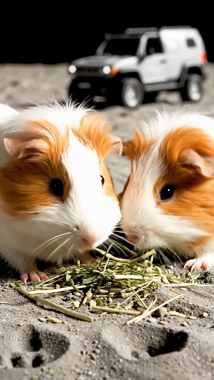 1239. Photorealistic scene of 2 smooth-haired White Crested guinea pigs featuring white and orange coats, eating alfalfa hay, on a moon rover lunar surface with footprints.