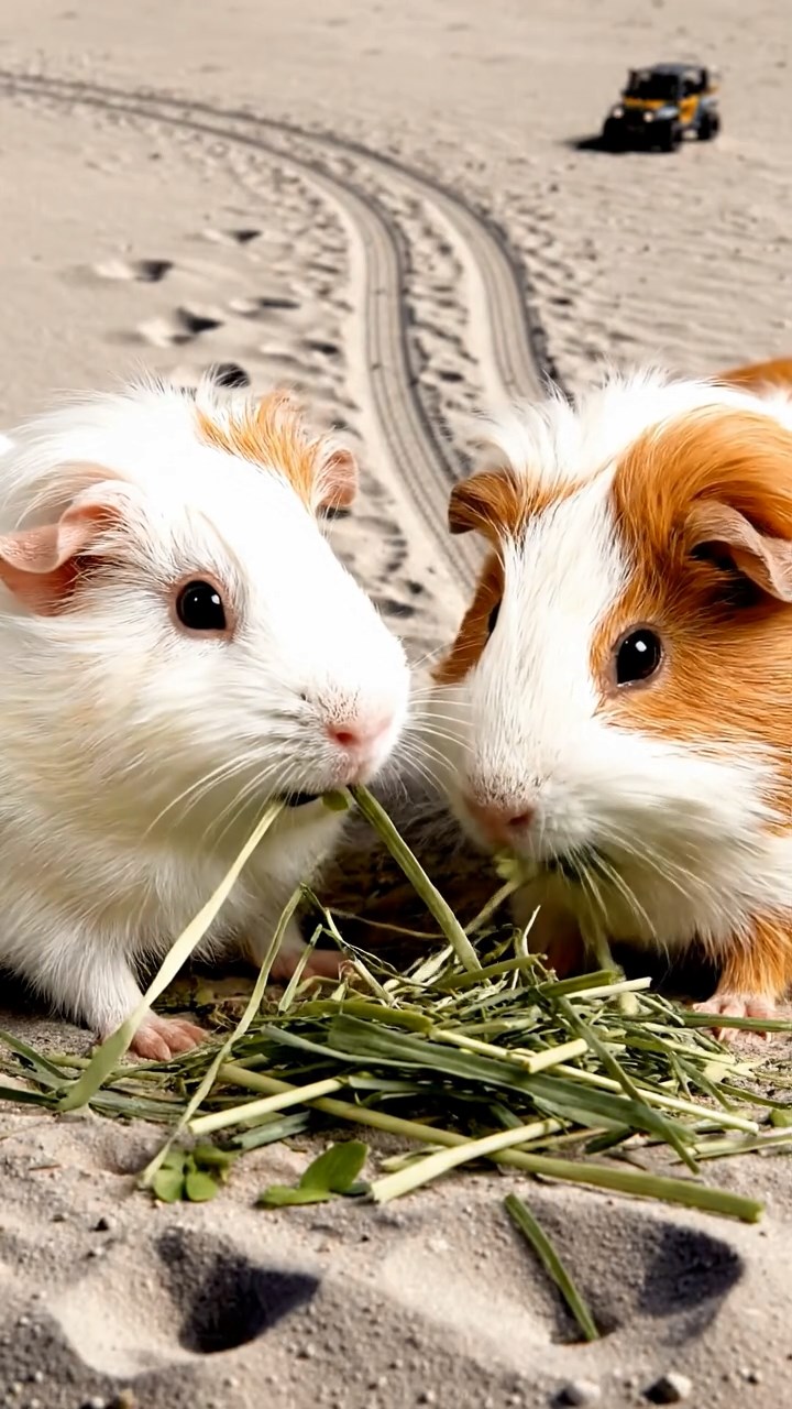 1239. Photorealistic scene of 2 smooth-haired White Crested guinea pigs featuring white and orange coats, eating alfalfa hay, on a moon rover lunar surface with footprints.