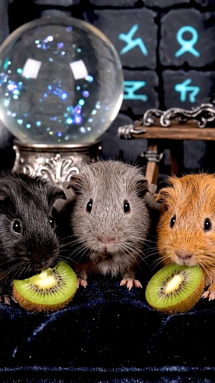 1240. Realistic depiction of 3 smooth-haired Skinny guinea pigs with gray, black, and brown fur, nibbling on kiwi skins, inside a enchanted sorcery tower with crystal balls.