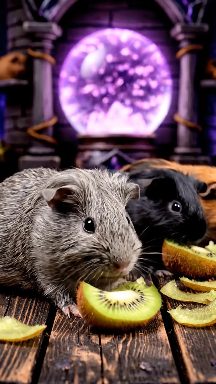 1240. Realistic depiction of 3 smooth-haired Skinny guinea pigs with gray, black, and brown fur, nibbling on kiwi skins, inside a enchanted sorcery tower with crystal balls.
