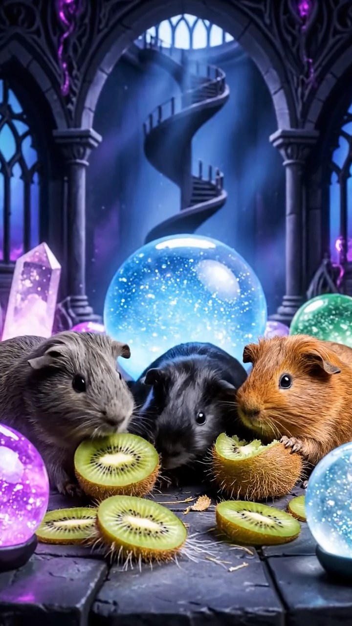 1240. Realistic depiction of 3 smooth-haired Skinny guinea pigs with gray, black, and brown fur, nibbling on kiwi skins, inside a enchanted sorcery tower with crystal balls.