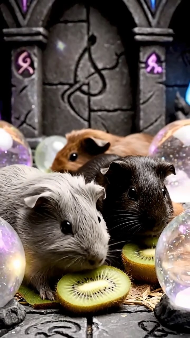 1240. Realistic depiction of 3 smooth-haired Skinny guinea pigs with gray, black, and brown fur, nibbling on kiwi skins, inside a enchanted sorcery tower with crystal balls.