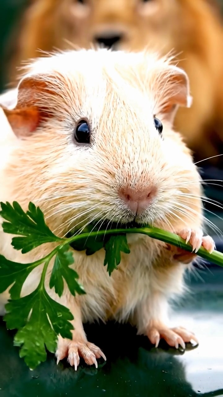1241. Detailed photo of 1 smooth-haired American guinea pig with cream fur, chewing on parsley stems, on an African game reserve jeep hood with lions roaring.