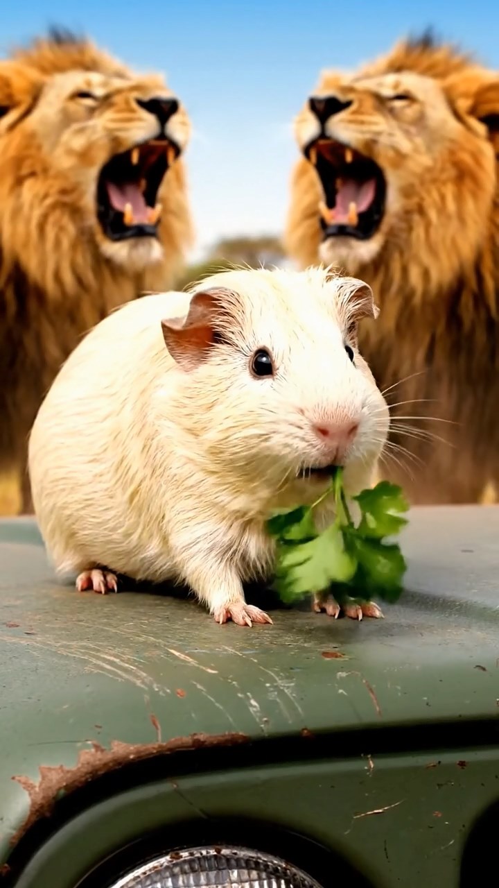1241. Detailed photo of 1 smooth-haired American guinea pig with cream fur, chewing on parsley stems, on an African game reserve jeep hood with lions roaring.