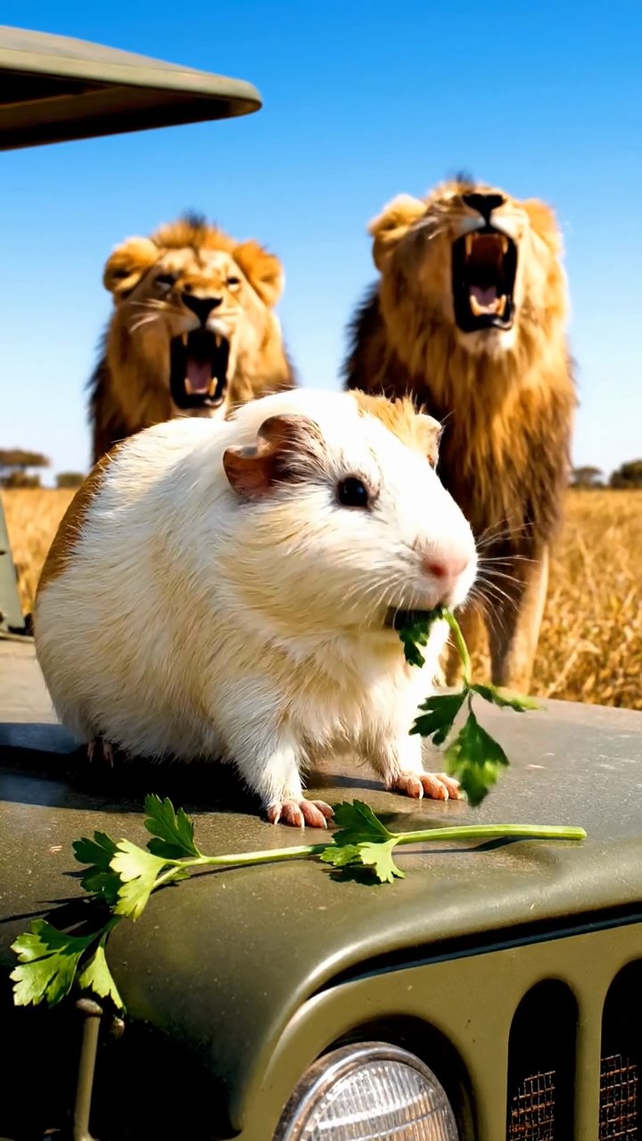 1241. Detailed photo of 1 smooth-haired American guinea pig with cream fur, chewing on parsley stems, on an African game reserve jeep hood with lions roaring.