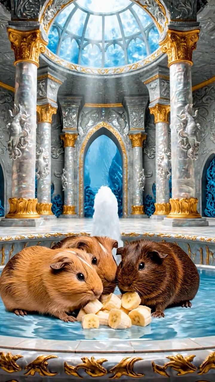 1242. Photorealistic image of 4 smooth-haired Abyssinian guinea pigs in fawn, chocolate, and cinnamon colors, sharing banana chunks, in a mythical Atlantis palace hall with fountains.