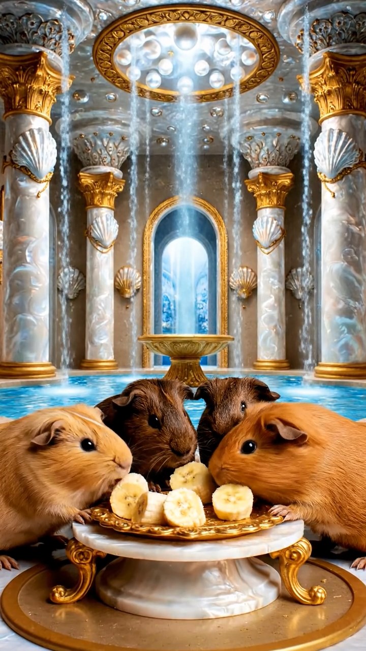 1242. Photorealistic image of 4 smooth-haired Abyssinian guinea pigs in fawn, chocolate, and cinnamon colors, sharing banana chunks, in a mythical Atlantis palace hall with fountains.