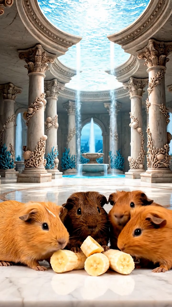 1242. Photorealistic image of 4 smooth-haired Abyssinian guinea pigs in fawn, chocolate, and cinnamon colors, sharing banana chunks, in a mythical Atlantis palace hall with fountains.