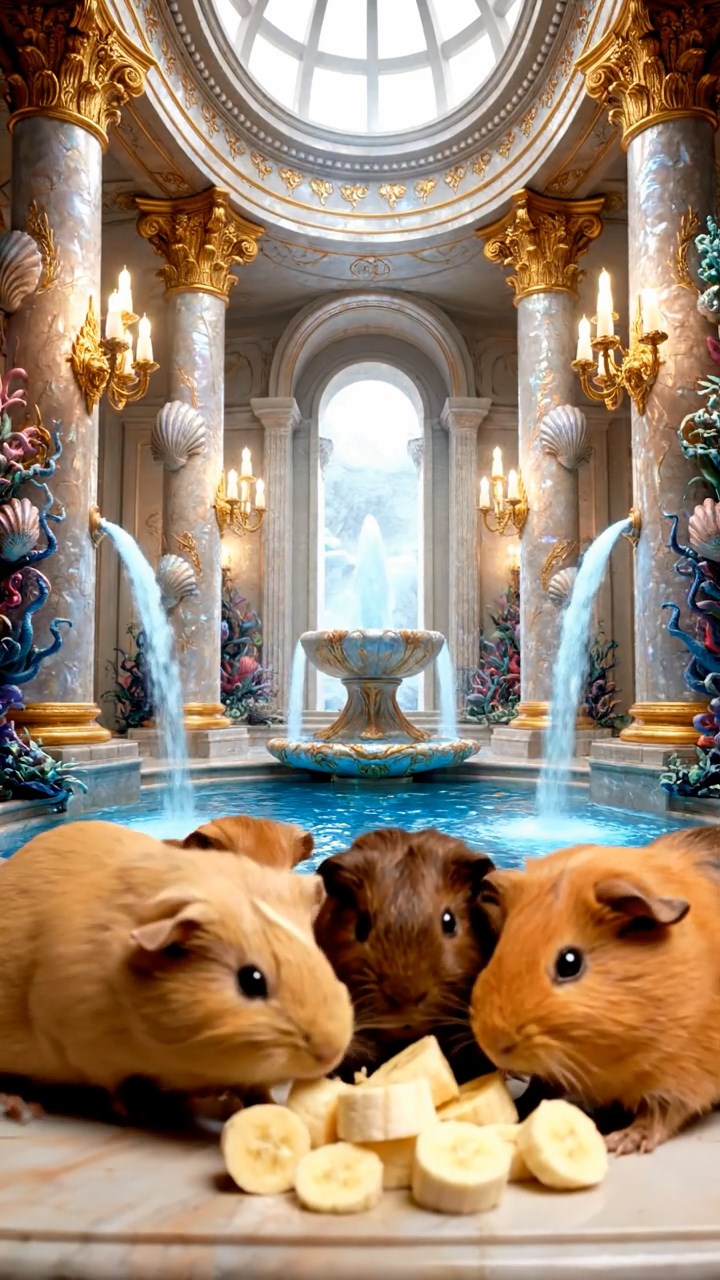 1242. Photorealistic image of 4 smooth-haired Abyssinian guinea pigs in fawn, chocolate, and cinnamon colors, sharing banana chunks, in a mythical Atlantis palace hall with fountains.