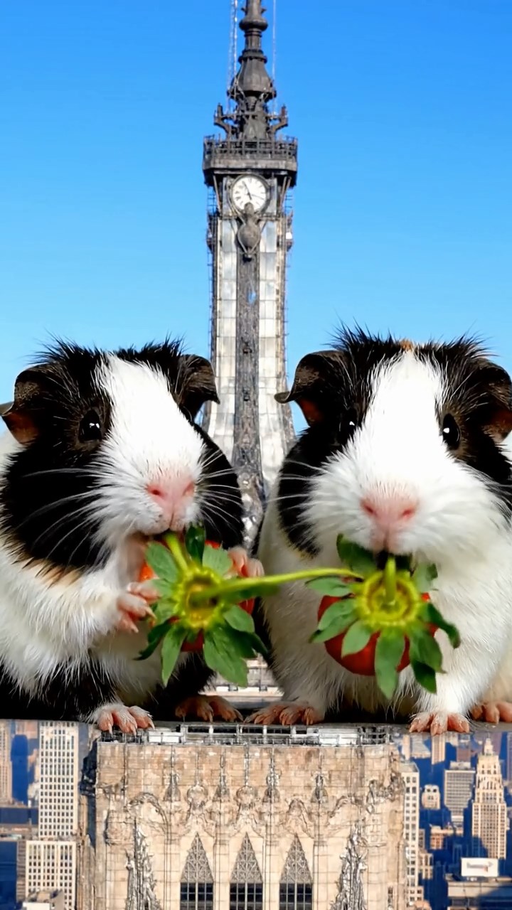 1243. Realistic scene of 2 smooth-haired Peruvian guinea pigs with sable and white fur, munching on strawberry tops, atop a Empire State Building spire with wind gusts.