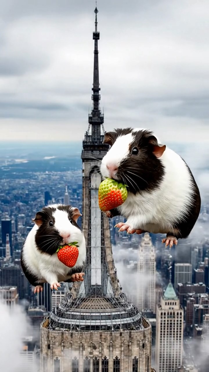 1243. Realistic scene of 2 smooth-haired Peruvian guinea pigs with sable and white fur, munching on strawberry tops, atop a Empire State Building spire with wind gusts.