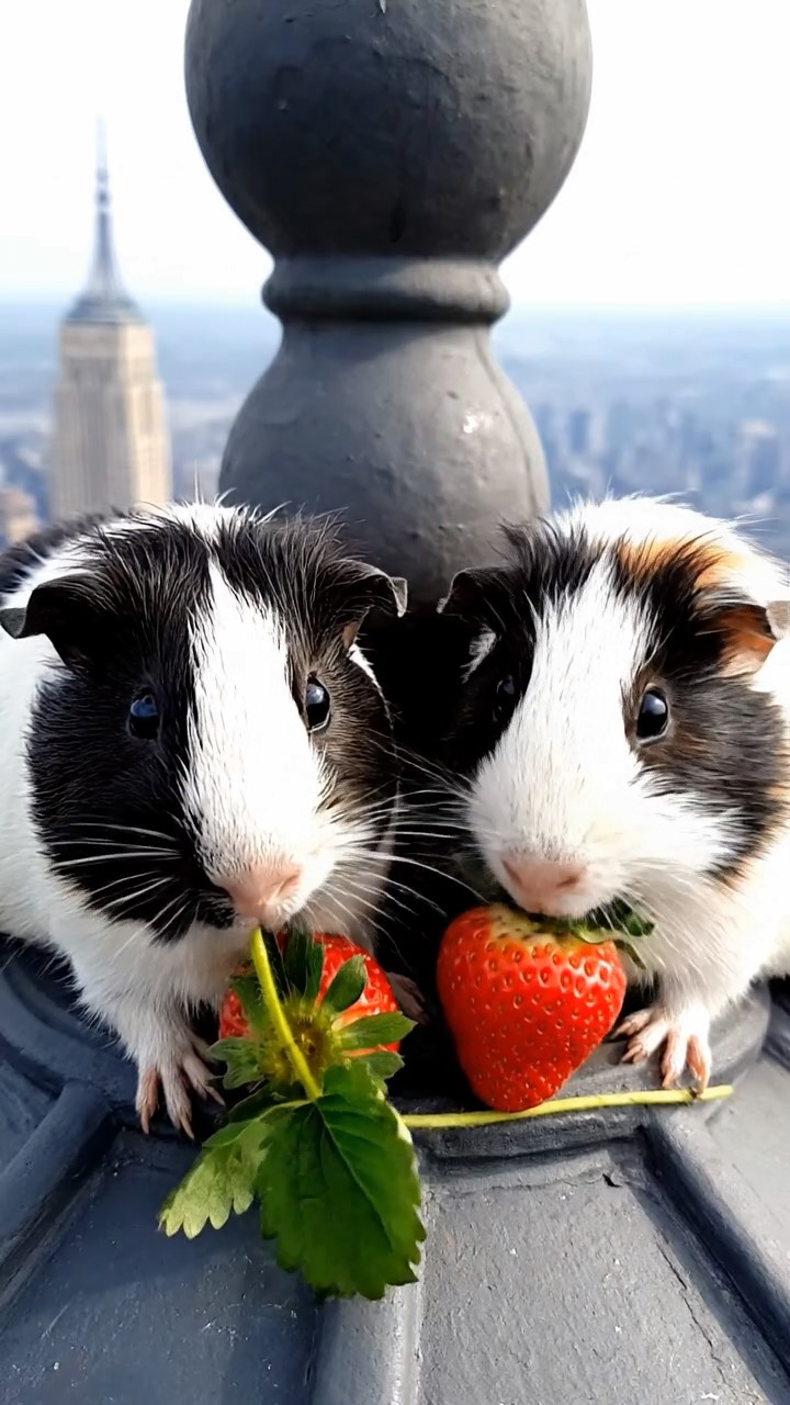 1243. Realistic scene of 2 smooth-haired Peruvian guinea pigs with sable and white fur, munching on strawberry tops, atop a Empire State Building spire with wind gusts.
