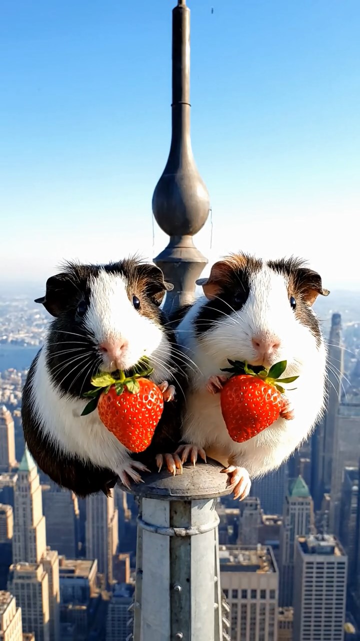 1243. Realistic scene of 2 smooth-haired Peruvian guinea pigs with sable and white fur, munching on strawberry tops, atop a Empire State Building spire with wind gusts.
