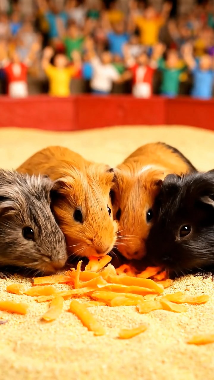1244. Highly detailed view of 5 smooth-haired Silkie guinea pigs featuring orange, gray, and black coats, eating carrot shreds, in a Colosseum gladiator pit with cheering crowds.