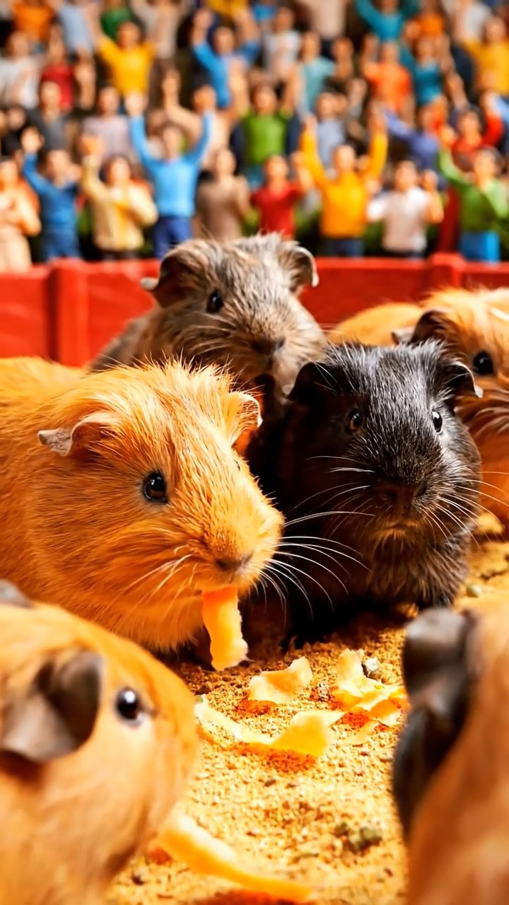 1244. Highly detailed view of 5 smooth-haired Silkie guinea pigs featuring orange, gray, and black coats, eating carrot shreds, in a Colosseum gladiator pit with cheering crowds.