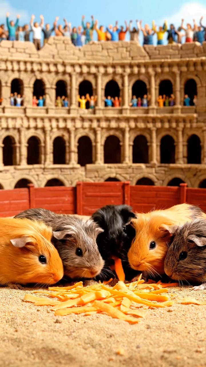 1244. Highly detailed view of 5 smooth-haired Silkie guinea pigs featuring orange, gray, and black coats, eating carrot shreds, in a Colosseum gladiator pit with cheering crowds.