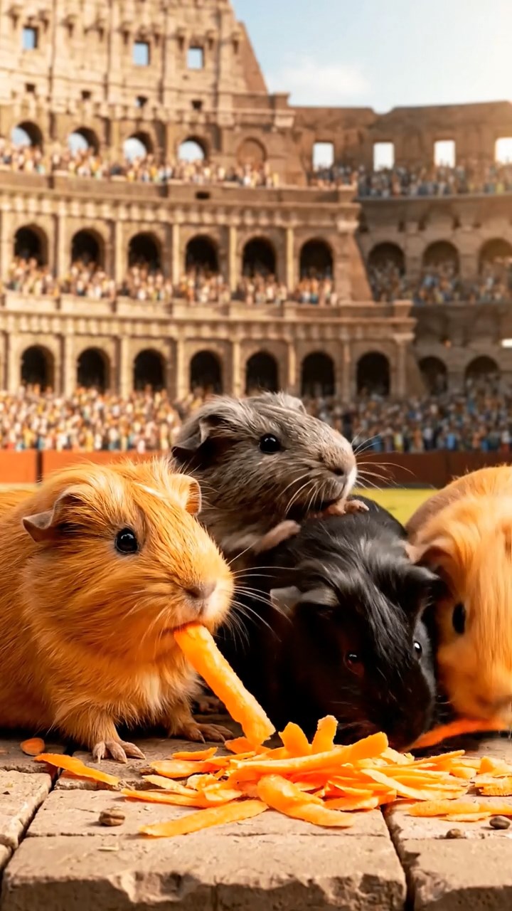 1244. Highly detailed view of 5 smooth-haired Silkie guinea pigs featuring orange, gray, and black coats, eating carrot shreds, in a Colosseum gladiator pit with cheering crowds.