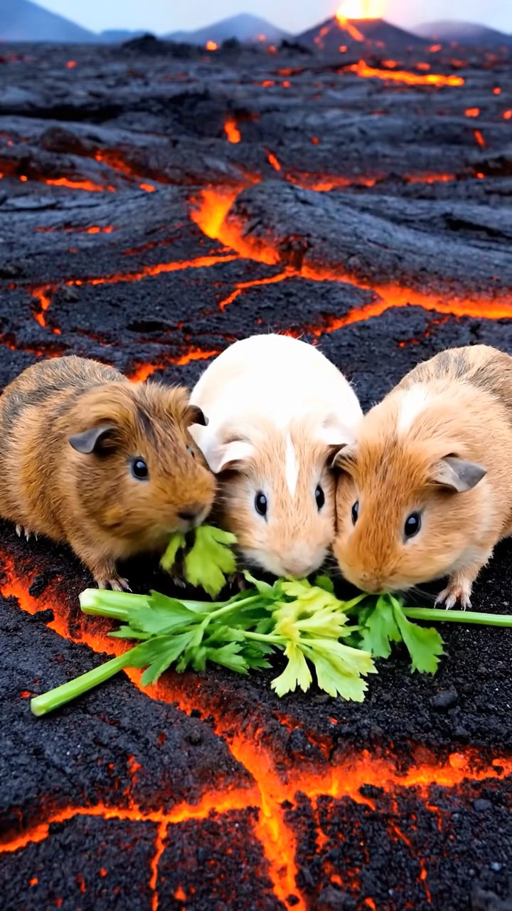 1245. Photorealistic photo of 3 smooth-haired Teddy guinea pigs with brown, cream, and fawn fur, nibbling on celery leaves, on a Kilauea lava plain with glowing cracks.