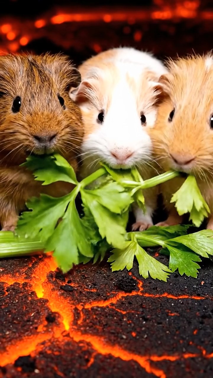 1245. Photorealistic photo of 3 smooth-haired Teddy guinea pigs with brown, cream, and fawn fur, nibbling on celery leaves, on a Kilauea lava plain with glowing cracks.