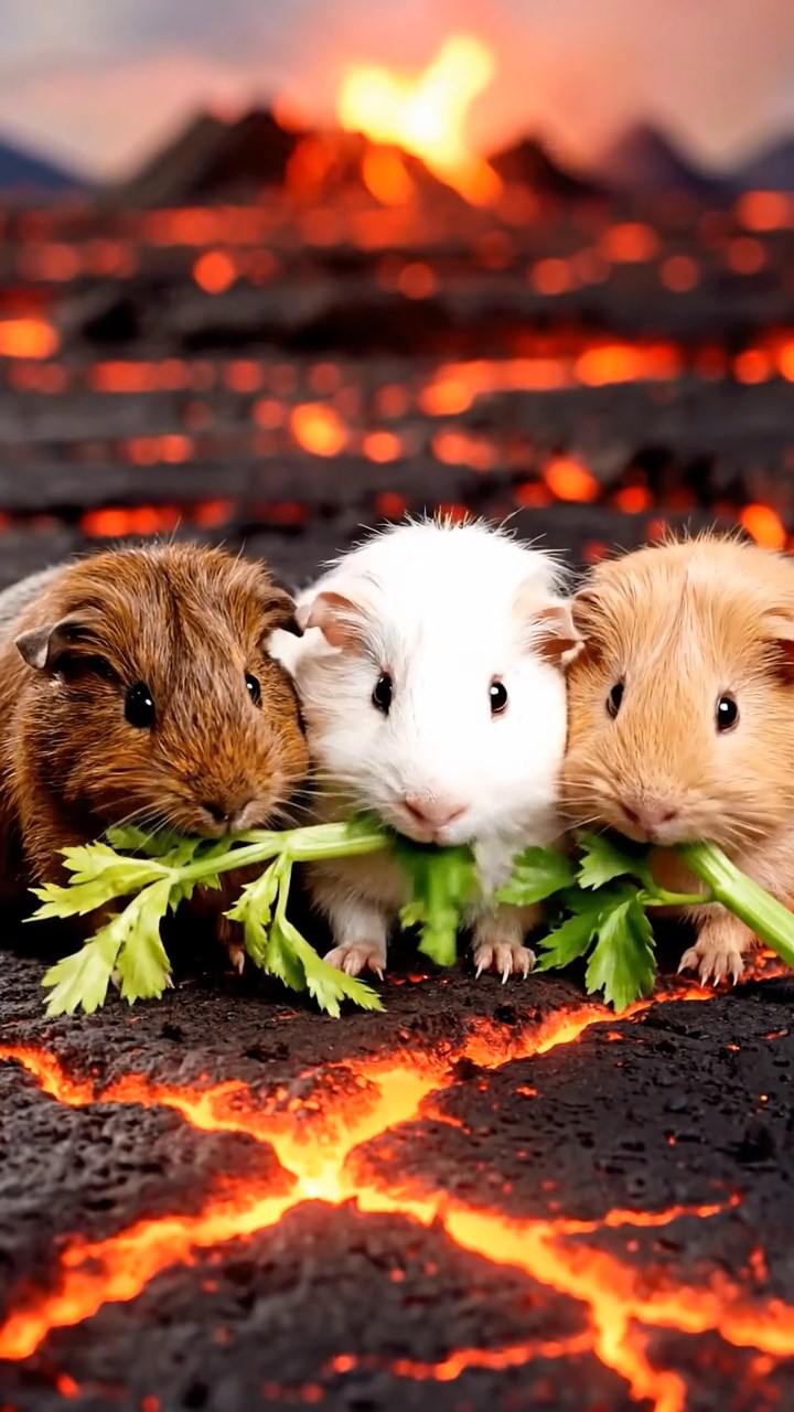 1245. Photorealistic photo of 3 smooth-haired Teddy guinea pigs with brown, cream, and fawn fur, nibbling on celery leaves, on a Kilauea lava plain with glowing cracks.