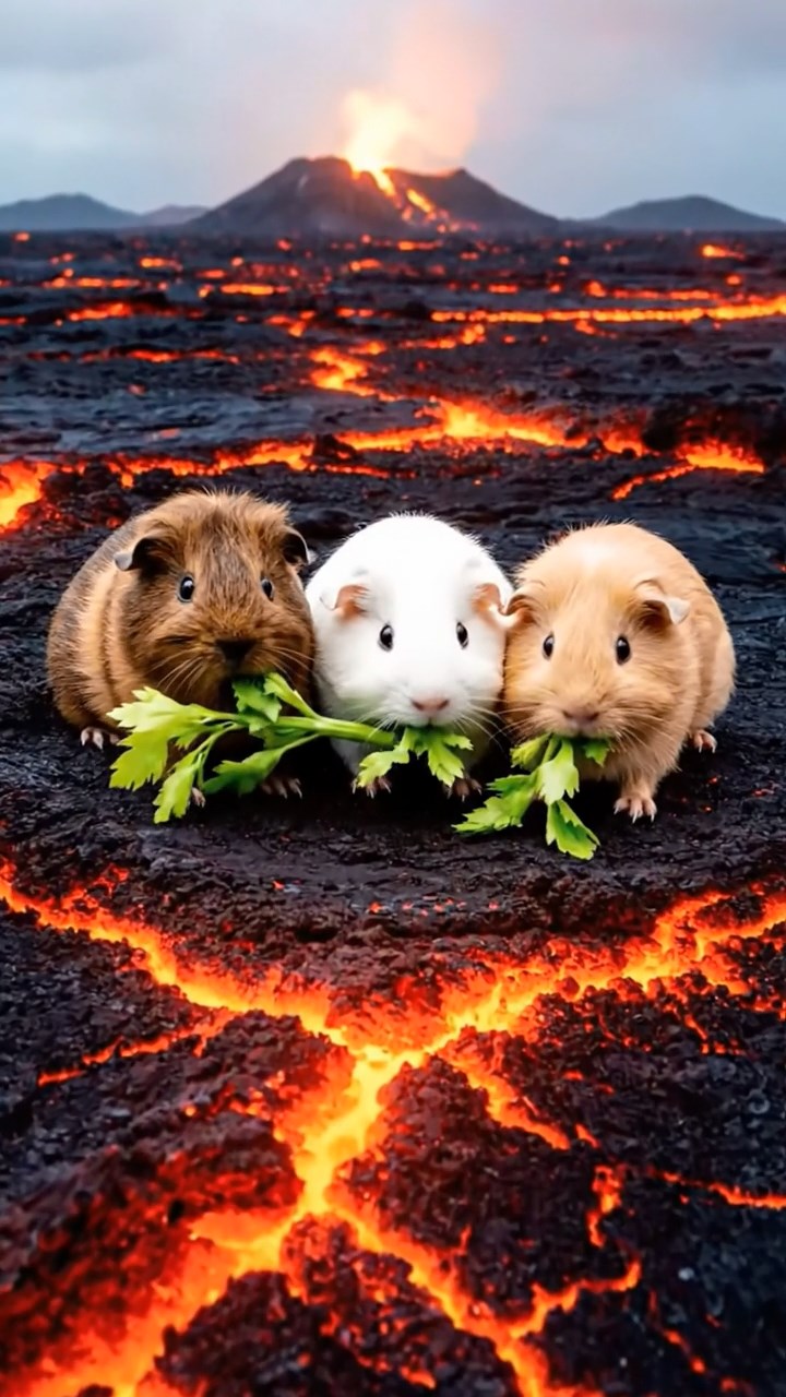 1245. Photorealistic photo of 3 smooth-haired Teddy guinea pigs with brown, cream, and fawn fur, nibbling on celery leaves, on a Kilauea lava plain with glowing cracks.