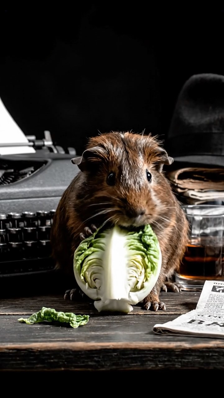 1246. Realistic depiction of 1 smooth-haired Texel guinea pig with chocolate fur, chewing on romaine hearts, inside a noir detective agency with fedoras and typewriters.