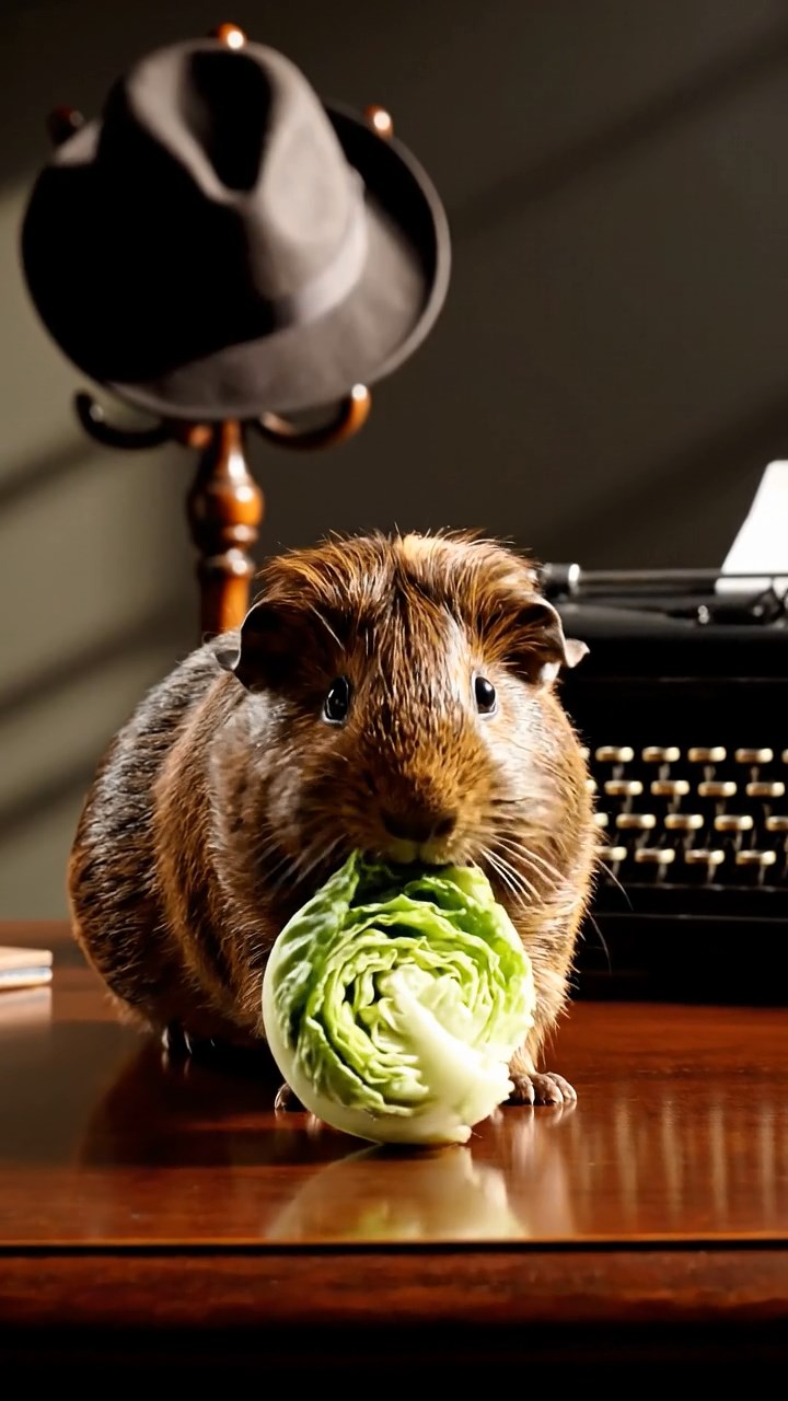 1246. Realistic depiction of 1 smooth-haired Texel guinea pig with chocolate fur, chewing on romaine hearts, inside a noir detective agency with fedoras and typewriters.