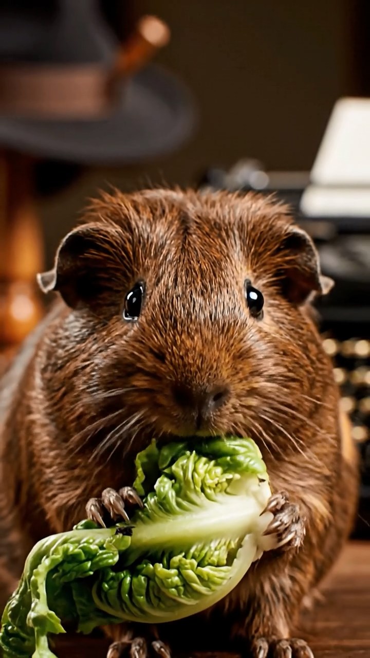 1246. Realistic depiction of 1 smooth-haired Texel guinea pig with chocolate fur, chewing on romaine hearts, inside a noir detective agency with fedoras and typewriters.